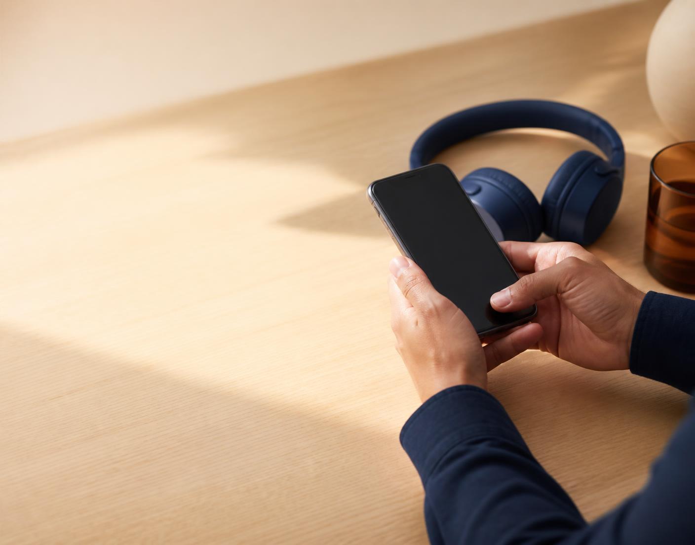 A listener starting a short audiobook on a phone with headphones nearby